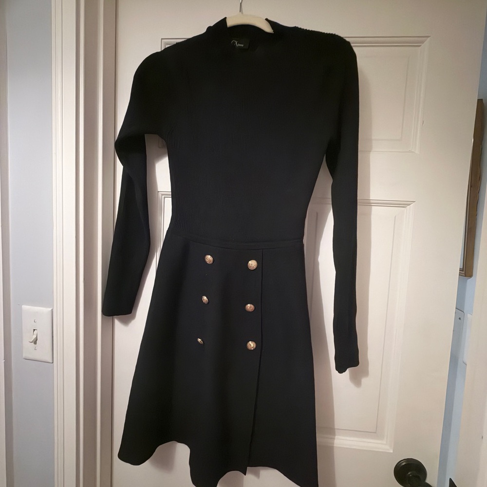 BCX Black Long Sleeve Knit Fit-and-Flare Dress with Gold Buttons